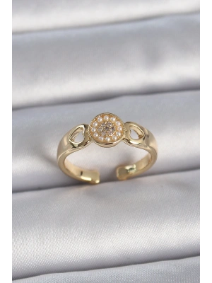 Pirinç Gold Renk Zirkon Taşlı İncili Kalp İşleme Detay Ayarlanabilir Kadın Yüzük