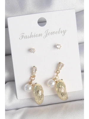 Pirinç Gold Renk Zirkon Taşlı İncili Sallantılı İşlemeli Damla Model 3 Çift Kadın Küpe Seti