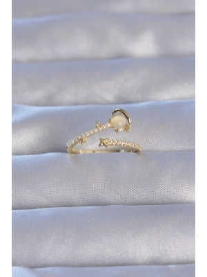 Pirinç Gold Renk Zirkon Taşlı İncili Satürn Model Ayarlanabilir Yüzük