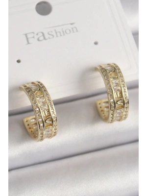 Pirinç Gold Renk Zirkon Taşlı İşleme Detay Halka Model Kadın Küpe