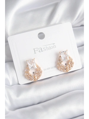 Pirinç Gold Renk Zirkon Taşlı Kadın Küpe