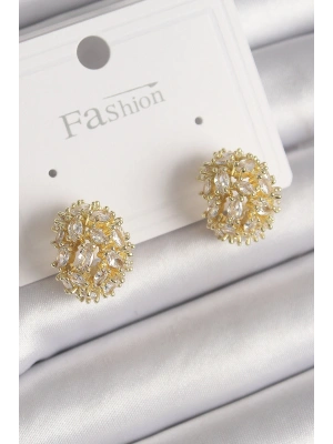 Pirinç Gold Renk Zirkon Taşlı Kadın Küpe