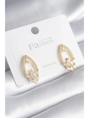 Pirinç Gold Renk Zirkon Taşlı Kadın Küpe