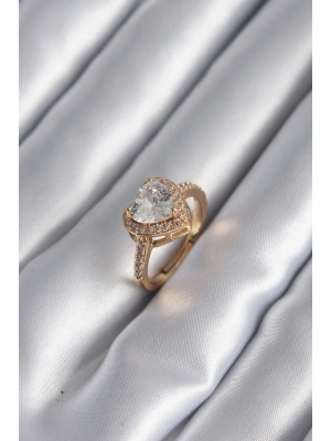 Pirinç Gold Renk Zirkon Taşlı Kalp Charm Model Kadın Yüzük