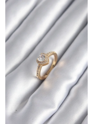 Pirinç Gold Renk Zirkon Taşlı Kalp Charm Model Kadın Yüzük