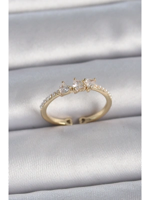 Pirinç Gold Renk Zirkon Taşlı Kalp İnci Detaylı Ayarlanabilir Model Kadın Yüzük