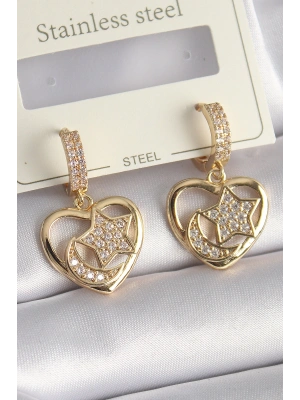Pirinç Gold Renk Zirkon Taşlı Kalp Model Ay Yıldız İşleme Kadın Küpe