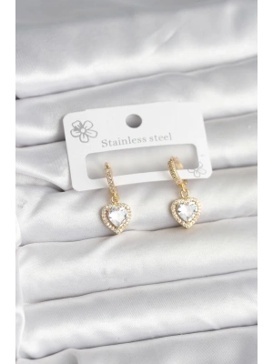 Pirinç Gold Renk Zirkon Taşlı Kalp Model Kadın Küpe