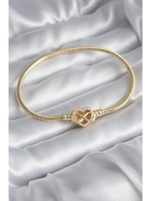 Pirinç Gold Renk Zirkon Taşlı Kalp Sonsuzluk Model Charm Kadın Bileklik