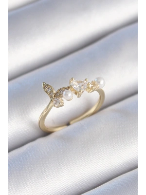 Pirinç Gold Renk Zirkon Taşlı Kalp Yaprak Model İnci Detay Kadın Yüzük