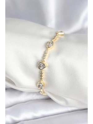 Pirinç Gold Renk Zirkon Taşlı Kalpli Model Kadın Bileklik