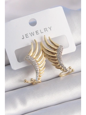 Pirinç Gold Renk Zirkon Taşlı Kanat Model Kadın Küpe
