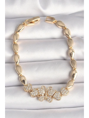 Pirinç Gold Renk Zirkon Taşlı Kelebek Figür Damla Zincir Model Kadın Bileklik