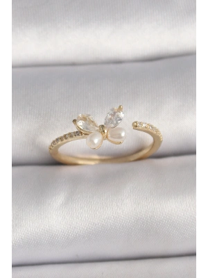 Pirinç Gold Renk Zirkon Taşlı Kelebek Mode İnci Detay Ayarlanabilir Yüzük