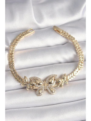 Pirinç Gold Renk Zirkon Taşlı Kelebek Model Kadın Bileklik