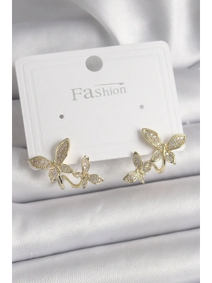 Pirinç Gold Renk Zirkon Taşlı Kelebek Model Kadın Küpe