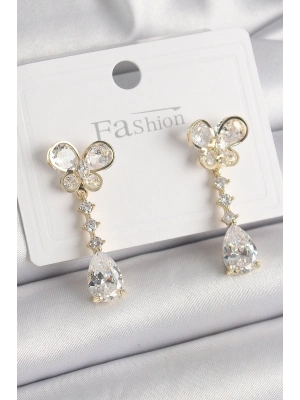 Pirinç Gold Renk Zirkon Taşlı Kelebek Model Sallantı Damla Zirkon Taş Kadın Küpe