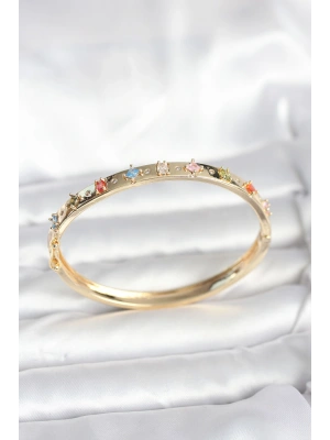 Pirinç Gold Renk Zirkon Taşlı Kelepçe Bileklik