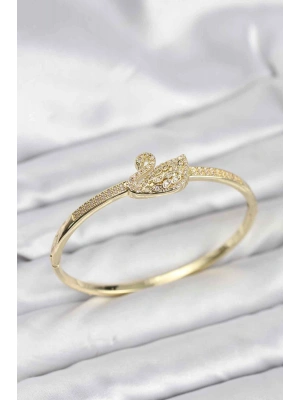 Pirinç Gold Renk Zirkon Taşlı Kuğu Model Kadın Kelepçe Bileklik