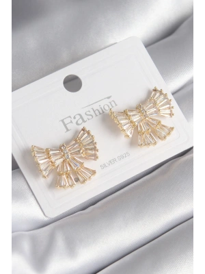 Pirinç Gold Renk Zirkon Taşlı Kurdele Model Kadın Küpe