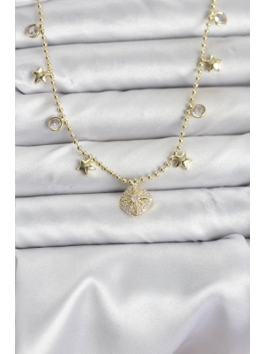 Pirinç Gold Renk Zirkon Taşlı Kutup Yıldızı Model Kadın Kolye