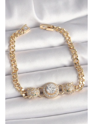 Pirinç Gold Renk Zirkon Taşlı Leopar Figür Zincir Model Kadın Bileklik