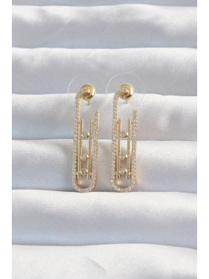 Pirinç Gold Renk Zirkon Taşlı Messika Küpe