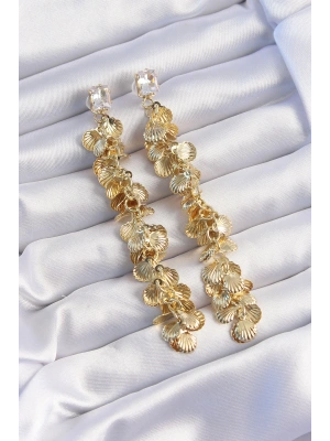 Pirinç Gold Renk Zirkon Taşlı Minimal Deniz Kabuklu Sallantılı Küpe