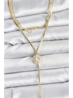 Pirinç Gold Renk Zirkon Taşlı Papatya Model Detaylı 3lü Kombin Y Kadın Kolye