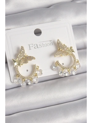 Pirinç Gold Renk Zirkon Taşlı Sallantı Detay Kelebek Model Kadın Küpe