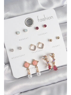 Pirinç Gold Renk Zirkon Taşlı Sallantı İnci Detay 7 Çift Kadın Küpe