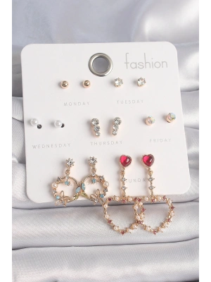 Pirinç Gold Renk Zirkon Taşlı Sallantı Kalp Figür 7 Çift Kadın Küpe Seti