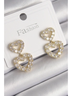 Pirinç Gold Renk Zirkon Taşlı Sallantı Kalp Model Kadın Küpe