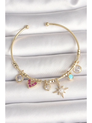Pirinç Gold Renk Zirkon Taşlı Sallantı Kutup Yıldız Figür İnci Detay Charm Kadın Bileklik