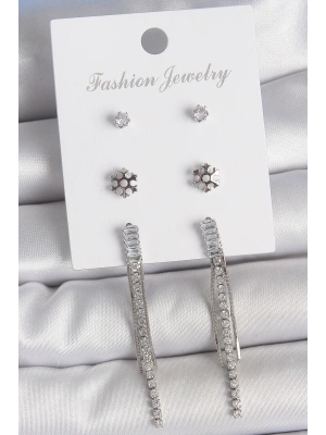 Pirinç Gold Renk Zirkon Taşlı Sallantılı Çiçek Detay 3 Çfit Kadın Küpe Seti