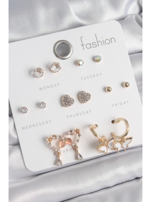 Pirinç Gold Renk Zirkon Taşlı Sallantılı Kalp Figür Kelebek Detay 7 Çift Kadın Küpe Seti