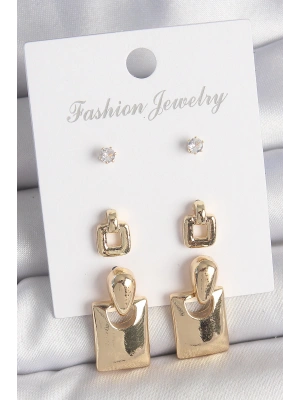 Pirinç Gold Renk Zirkon Taşlı Sallantılı Kare Model 3 Çift Kadın Küpe Seti