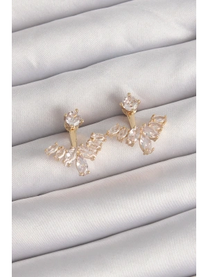 Pirinç Gold Renk Zirkon Taşlı V Model Küpe