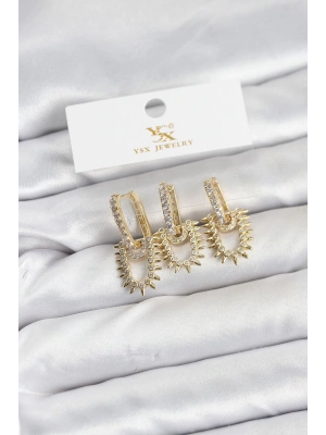 Pirinç Gold Renk Zirkon Taşlı Vintage Model YSX Trio Küpe Seti