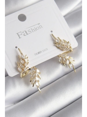 Pirinç Gold Renk Zirkon Taşlı Yaprak Model Kadın Küpe