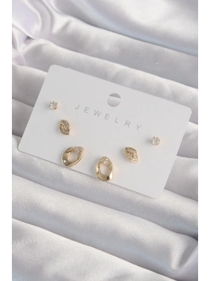 Pirinç Gold Renk Zirkon Taşlı Yaprak Model Küpe Seti