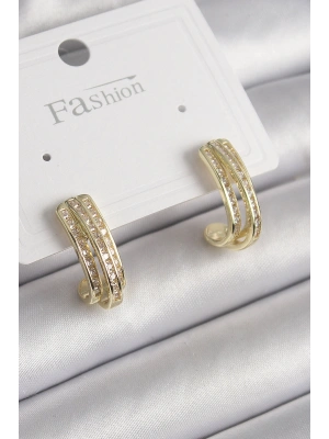 Pirinç Gold Renk Zirkon Taşlı Yarım Halka Model Kadın Küpe
