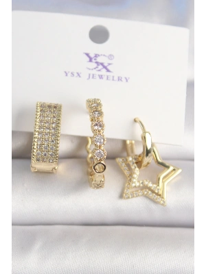 Pirinç Gold Renk Zirkon Taşlı Yıldız Figür Halka Model 3Lü Kadın Kombin Küpe