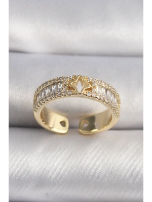 Pirinç Gold Renk Zirkon Taşlı Yıldız İşleme VIP Seri Kadın Yüzük