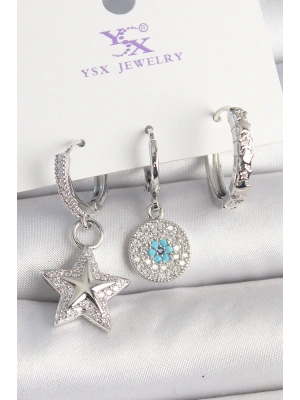 Pirinç Gold Renk Zirkon Taşlı Yıldız Model Nazar Boncuk Detay 3Lü Kadın Kombin Küpe