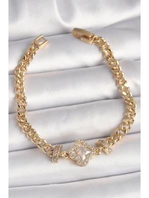 Pirinç Gold Renk Zirkon Taşlı Yonca Figür Zincir Model Kadın Bileklik