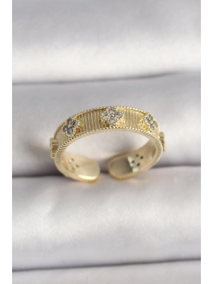 Pirinç Gold Renk Zirkon Taşlı Yonca İşlemeli Ayarlanabilir Yüzük