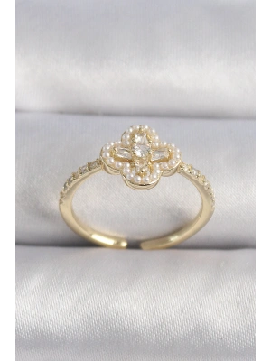 Pirinç Gold Renk Zirkon Taşlı Yonca Model İnci Detay Kadın Yüzük