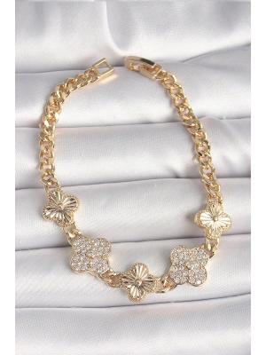 Pirinç Gold Renk Zirkon Taşlı Yonca Model Kadın Bileklik