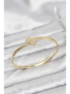 Pirinç Gold Renk Zirkon Taşlı Yonca Model Kadın Kelepçe Bileklik